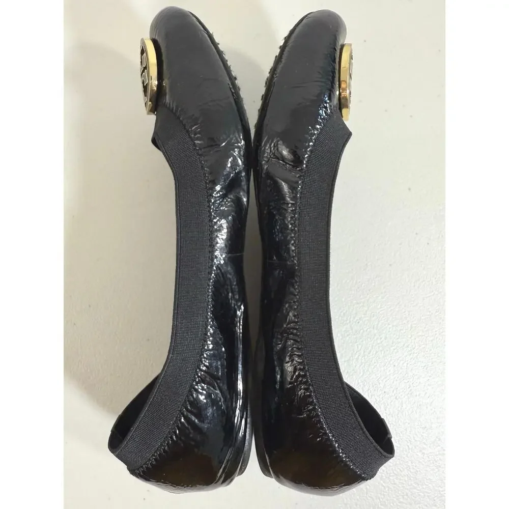 Tory Burch Caroline Ballet Flats Women’s 9 Black Patent Leather Logo Shoes